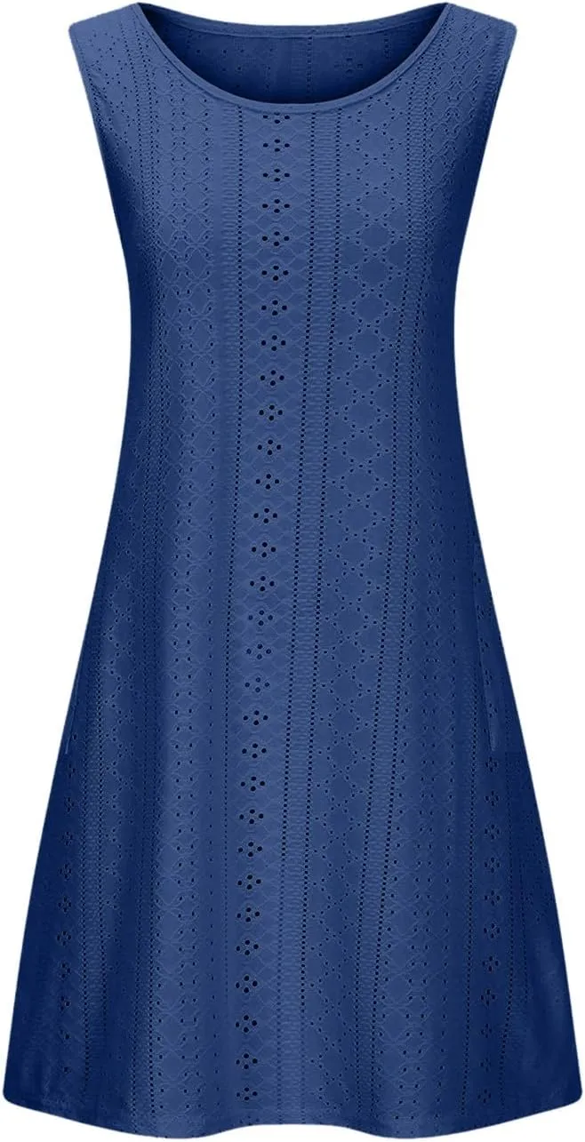 Casual Eyelet Dresses for Women Sleeveless Flowy Tank Dress with Pocket Summer Beach Sundress Vacation Outfits 2025