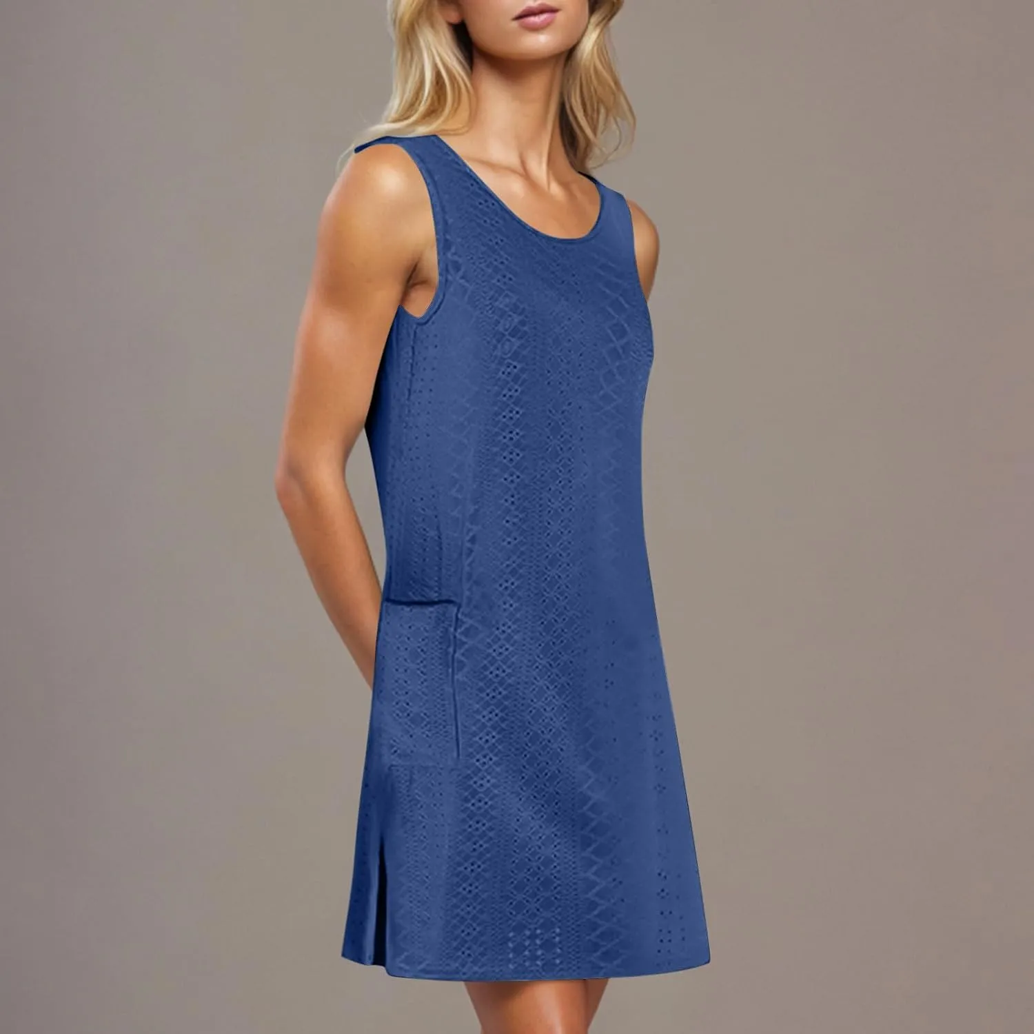 Casual Eyelet Dresses for Women Sleeveless Flowy Tank Dress with Pocket Summer Beach Sundress Vacation Outfits 2025