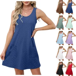 Casual Eyelet Dresses for Women Sleeveless Flowy Tank Dress with Pocket Summer Beach Sundress Vacation Outfits 2025