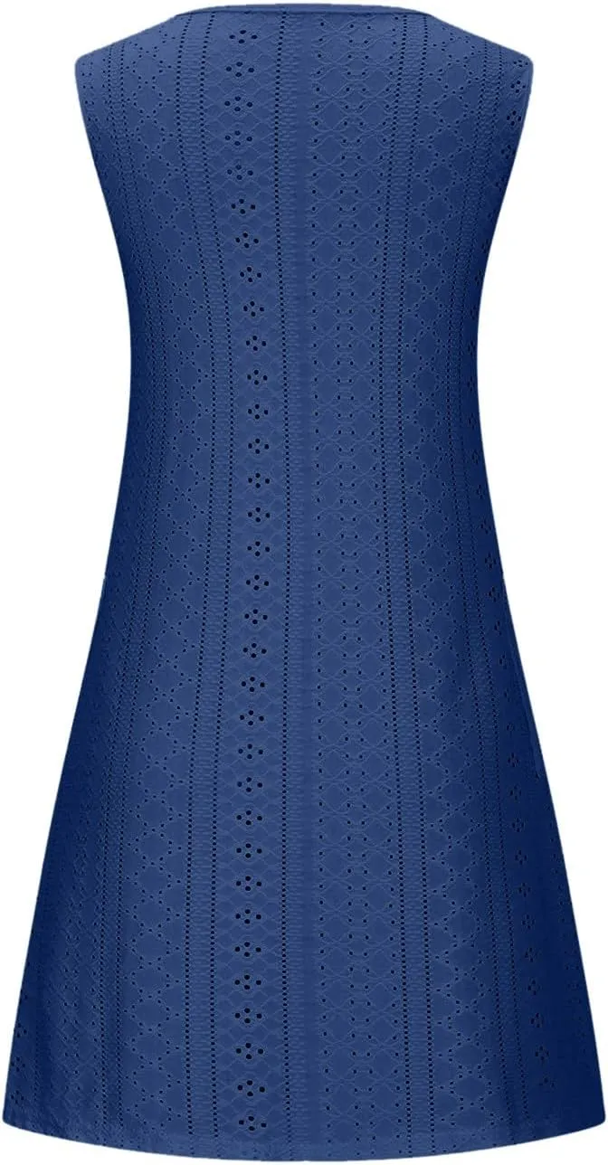 Casual Eyelet Dresses for Women Sleeveless Flowy Tank Dress with Pocket Summer Beach Sundress Vacation Outfits 2025