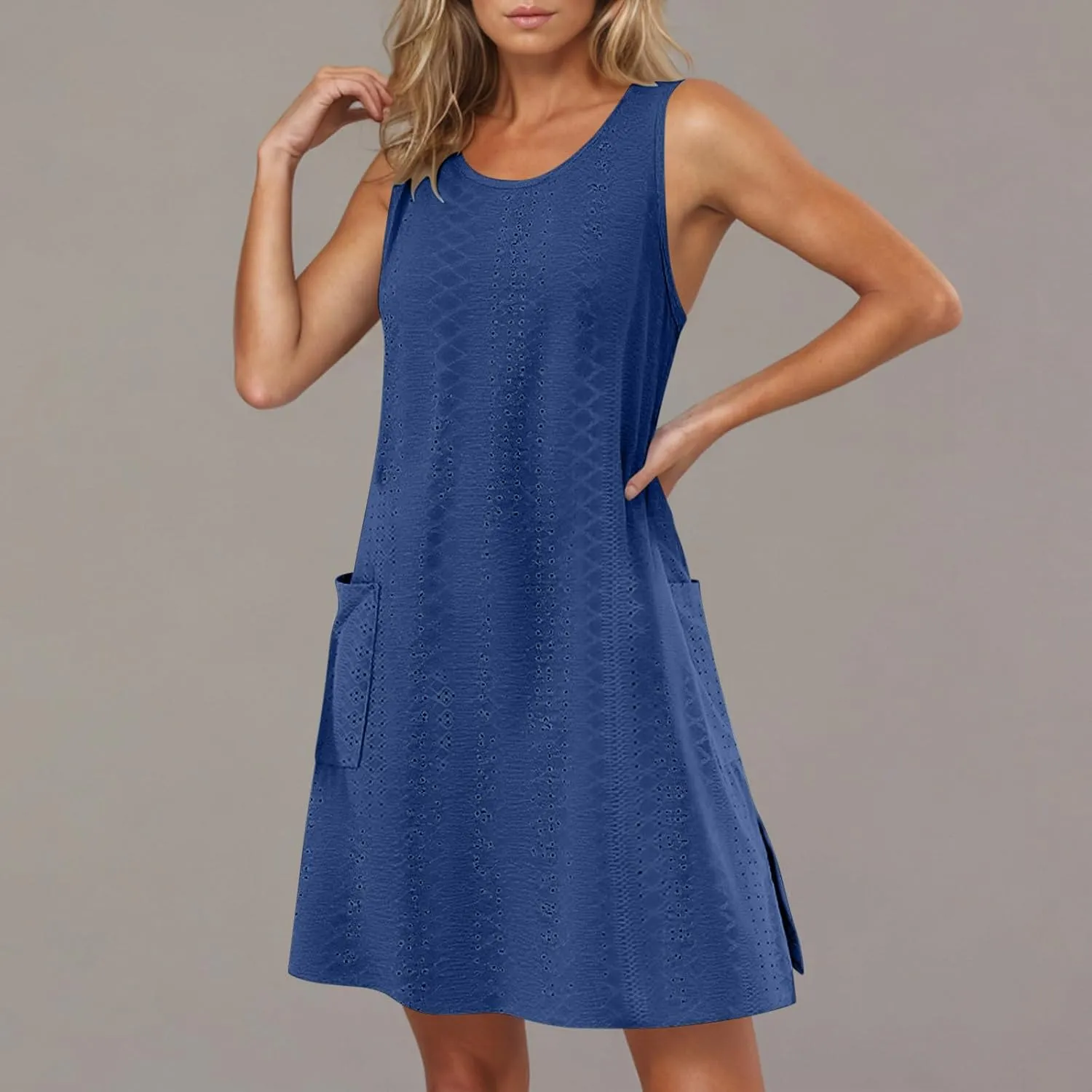 Casual Eyelet Dresses for Women Sleeveless Flowy Tank Dress with Pocket Summer Beach Sundress Vacation Outfits 2025