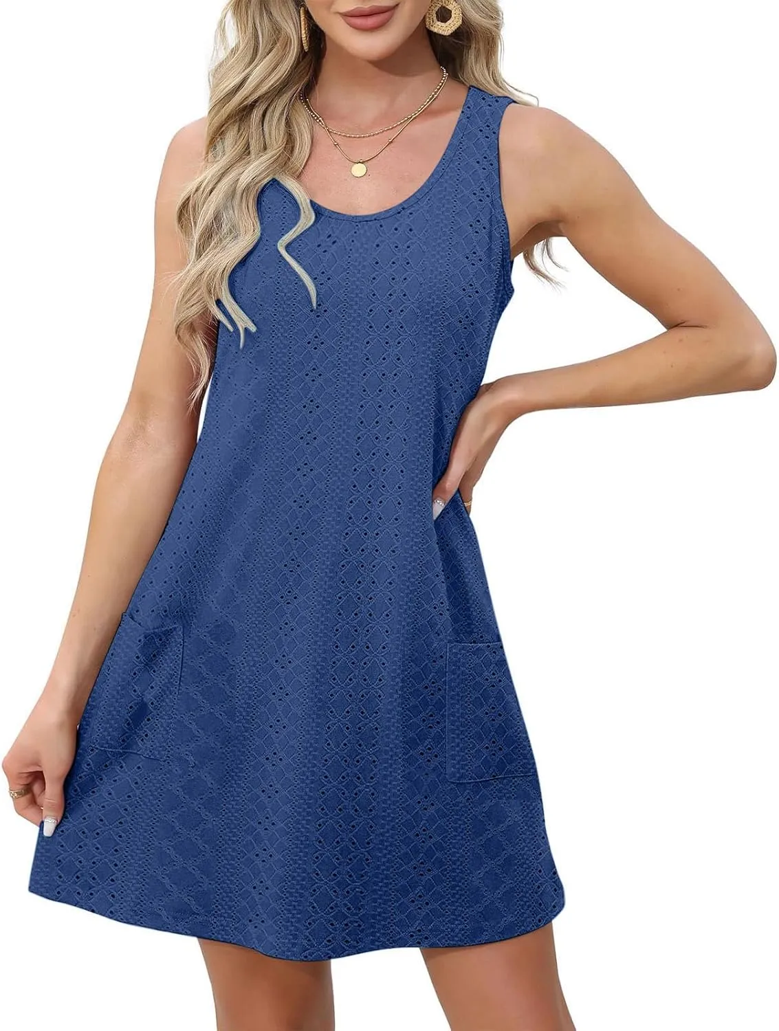 Casual Eyelet Dresses for Women Sleeveless Flowy Tank Dress with Pocket Summer Beach Sundress Vacation Outfits 2025
