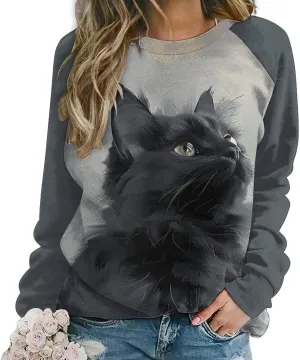 Cat Sweatshirts for Women Funny Long Sleeve Cute Cat Tee Shirts Graphic Womens Crew Neck Sweatshirt Pullover Tops