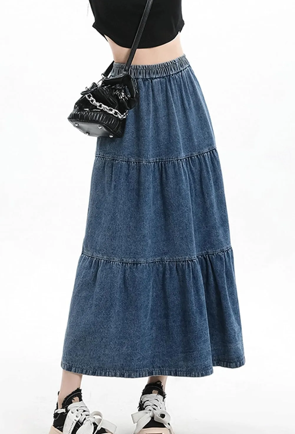 chouyatou Women Elastic High Waist Tiered Denim Skirt Pleated A Line Flared Long Maxi Jean Skirt
