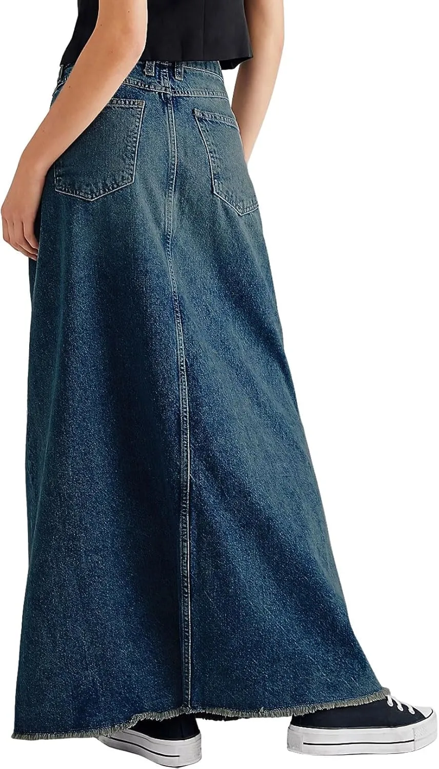 chouyatou Women's Vintage A-Line Frayed Maxi Denim Skirt Distressed High Waist Long Jean Skirt