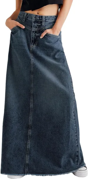 chouyatou Women's Vintage A-Line Frayed Maxi Denim Skirt Distressed High Waist Long Jean Skirt