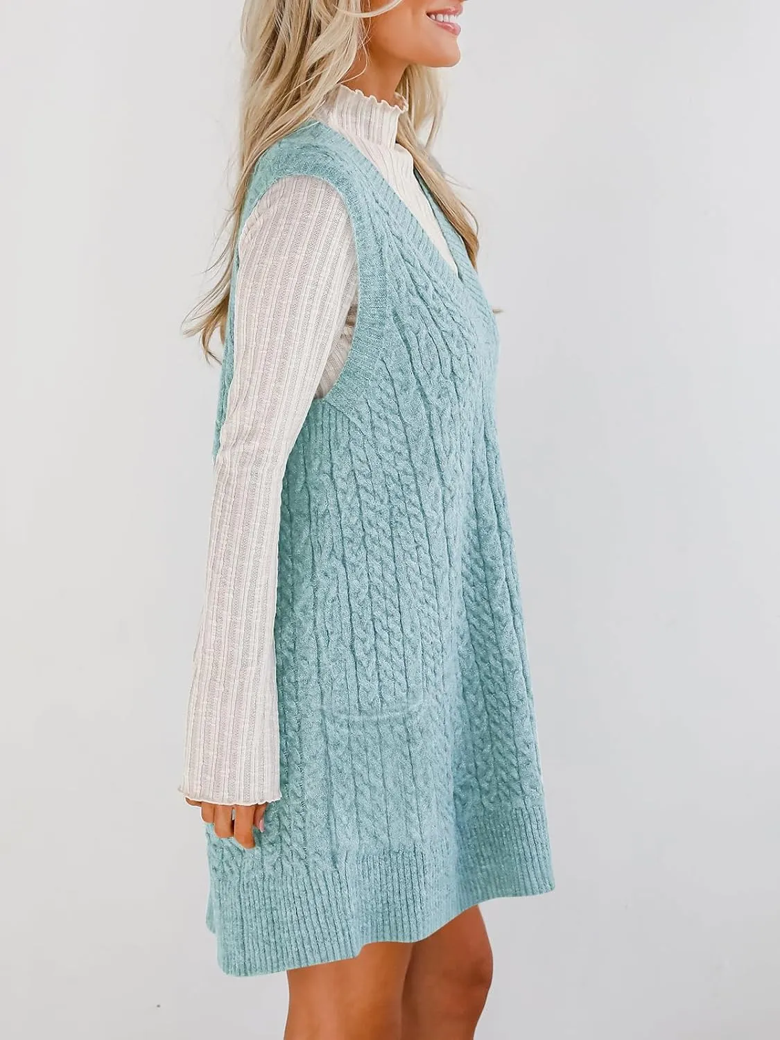 Cicy Bell Womens Oversized Sweater Vest Dress V Neck Sleeveless Trendy Casual Knit Cable Mini Dresses