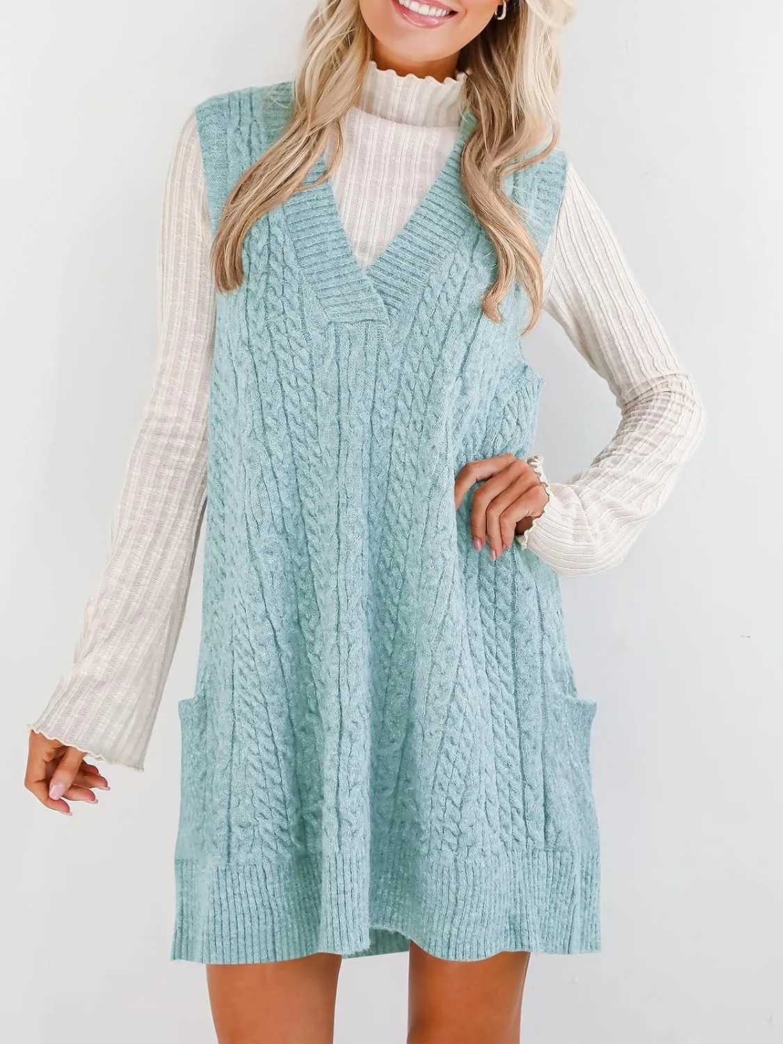 Cicy Bell Womens Oversized Sweater Vest Dress V Neck Sleeveless Trendy Casual Knit Cable Mini Dresses