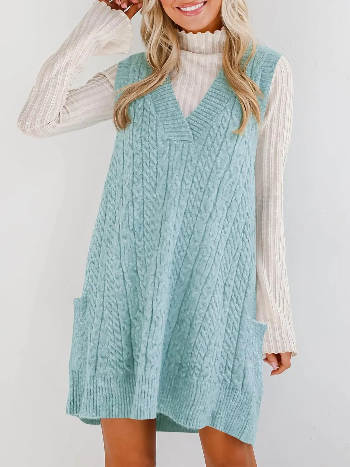Cicy Bell Womens Oversized Sweater Vest Dress V Neck Sleeveless Trendy Casual Knit Cable Mini Dresses