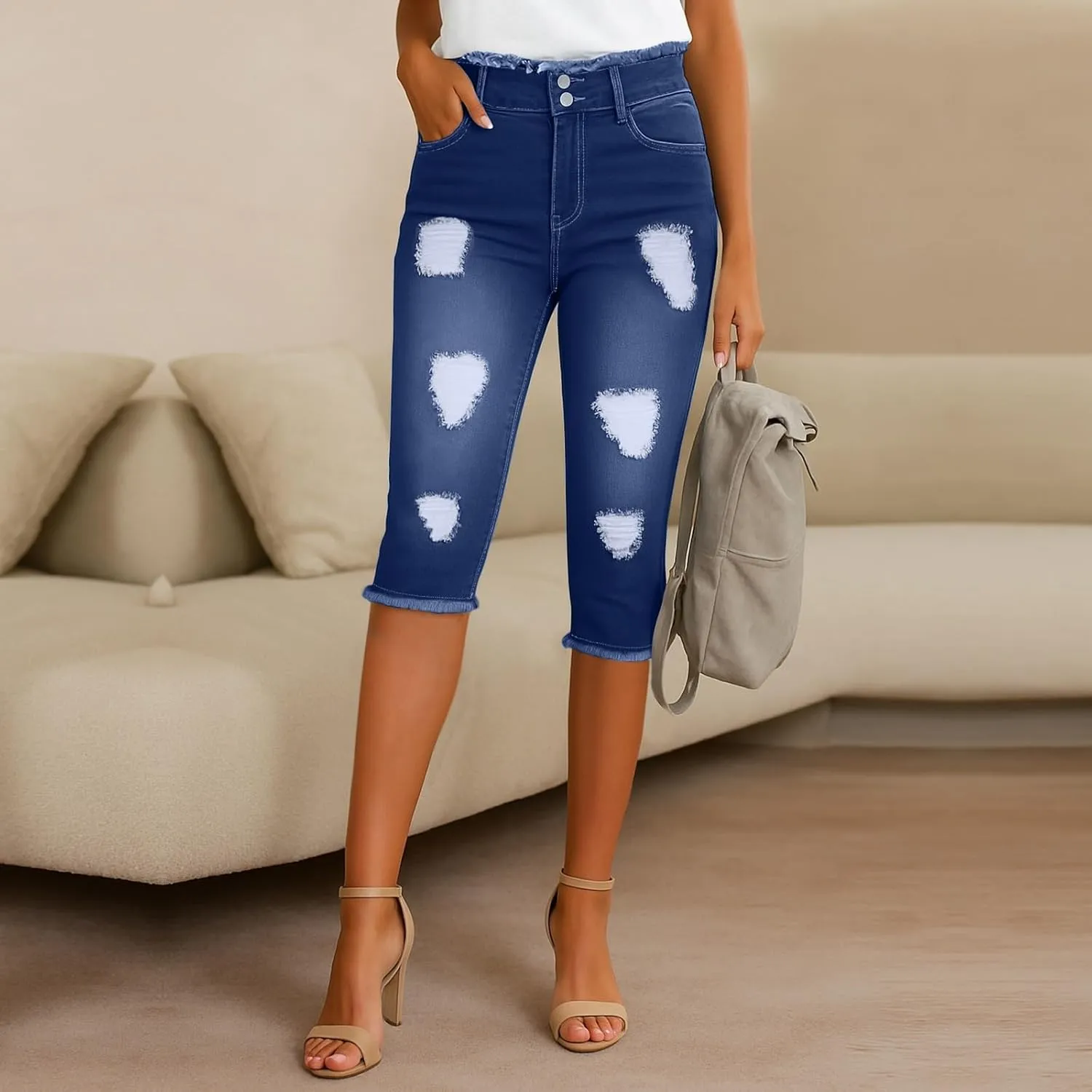 Cropped Jeans for Women Low Rise Distressed Cuffed Capri Jeans Skinny Crop Jean Joggers Y2k Jean Capris Streetwear