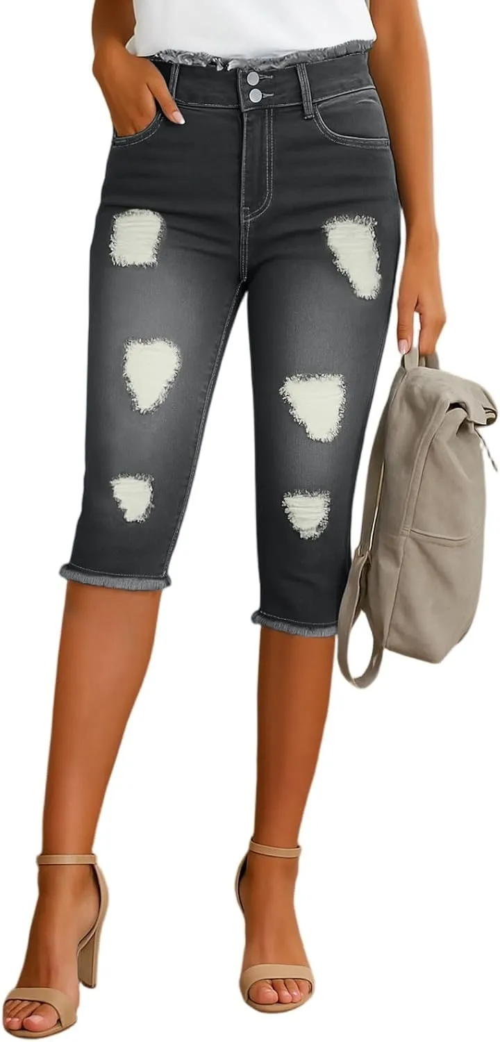 Cropped Jeans for Women Low Rise Distressed Cuffed Capri Jeans Skinny Crop Jean Joggers Y2k Jean Capris Streetwear