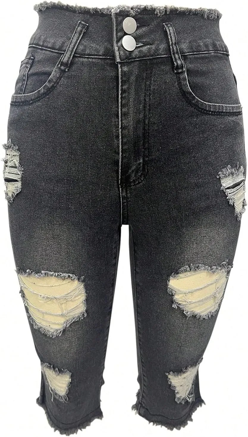 Cropped Jeans for Women Low Rise Distressed Cuffed Capri Jeans Skinny Crop Jean Joggers Y2k Jean Capris Streetwear