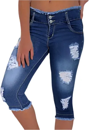Cropped Jeans for Women Low Rise Distressed Cuffed Capri Jeans Skinny Crop Jean Joggers Y2k Jean Capris Streetwear