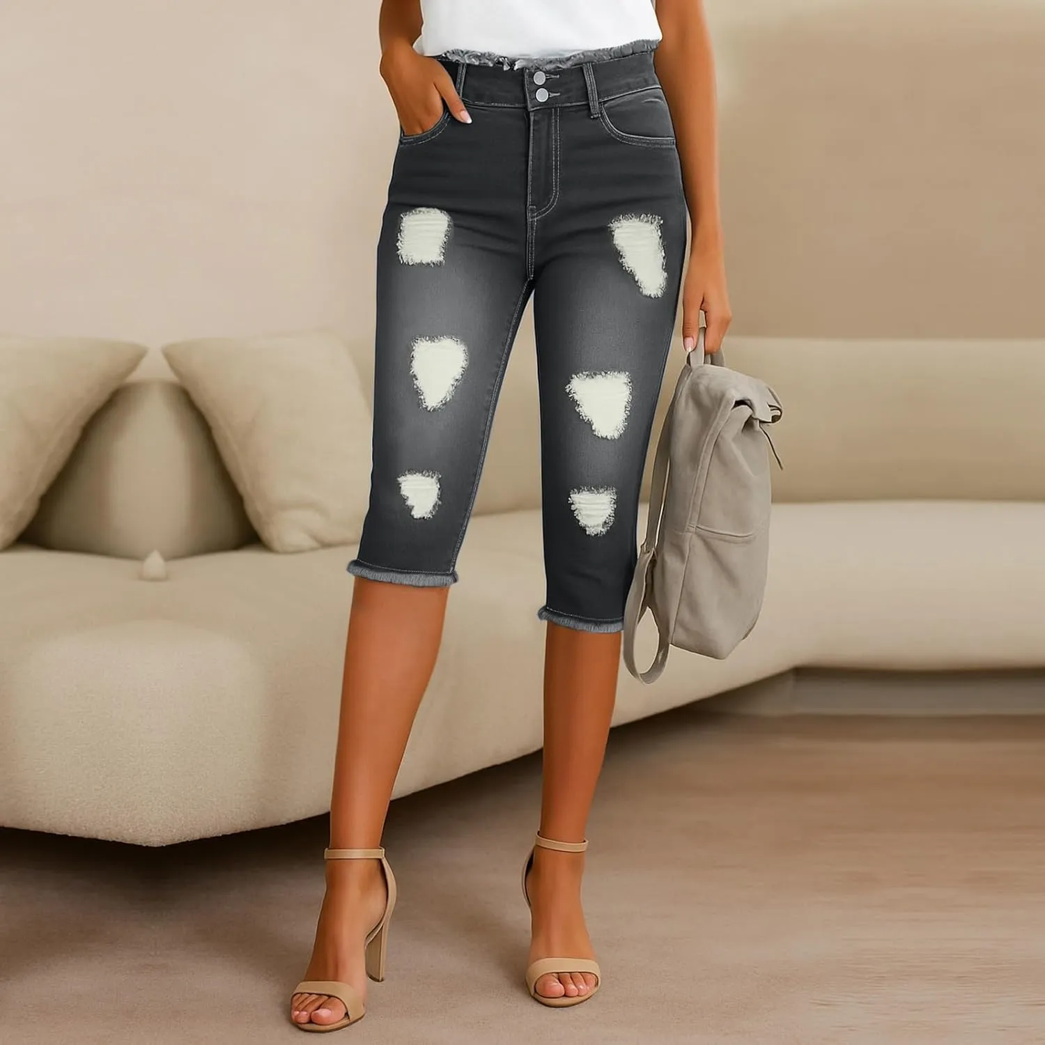 Cropped Jeans for Women Low Rise Distressed Cuffed Capri Jeans Skinny Crop Jean Joggers Y2k Jean Capris Streetwear