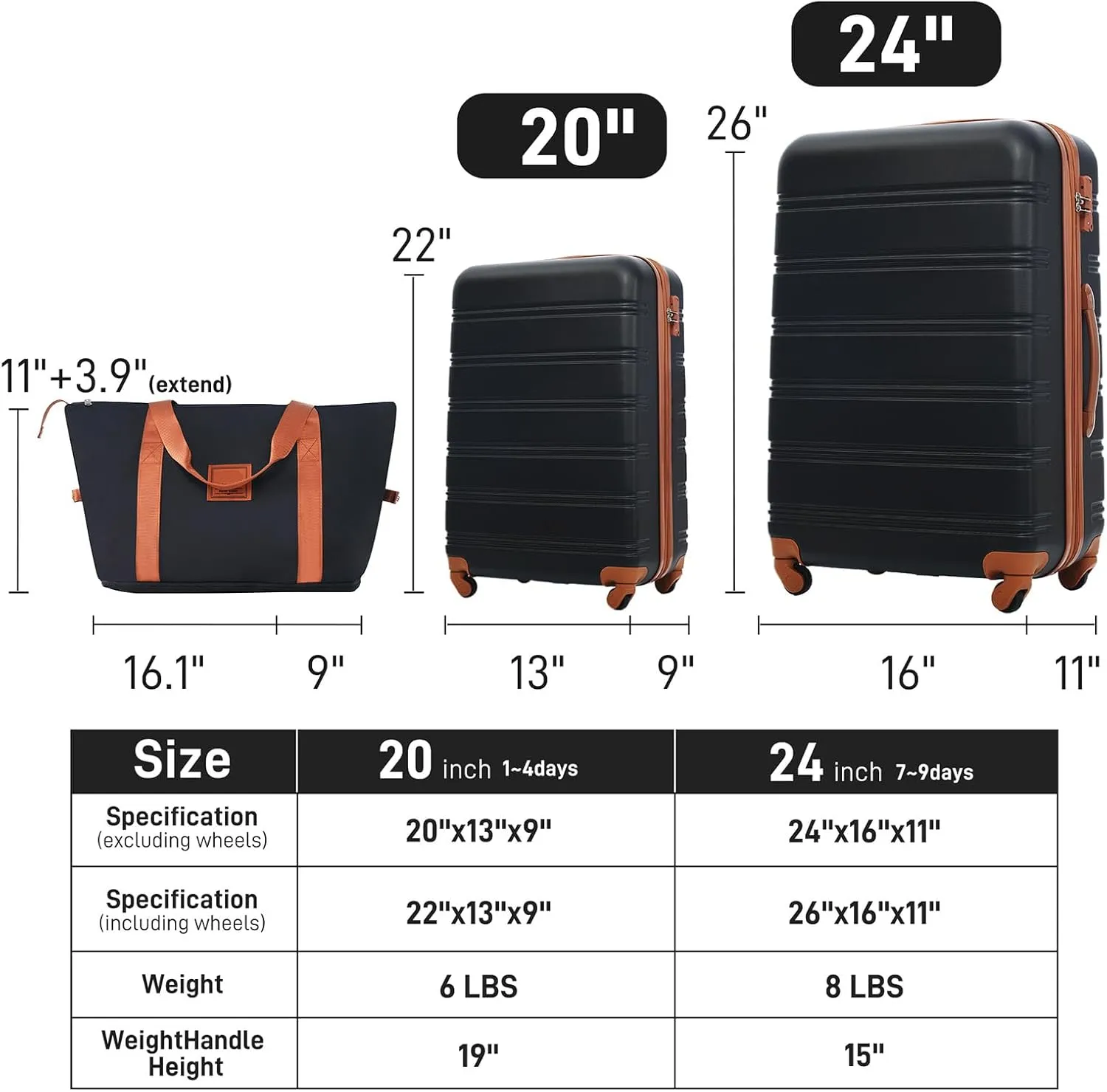 CuisinSmart Luggage Sets 2 Piece with Bag,Hard Shell Luggage Sets with Spinner Wheels & TSA Lock, Expandable Carry on Luggage Suitcase Sets for Women Men Family Travel Black