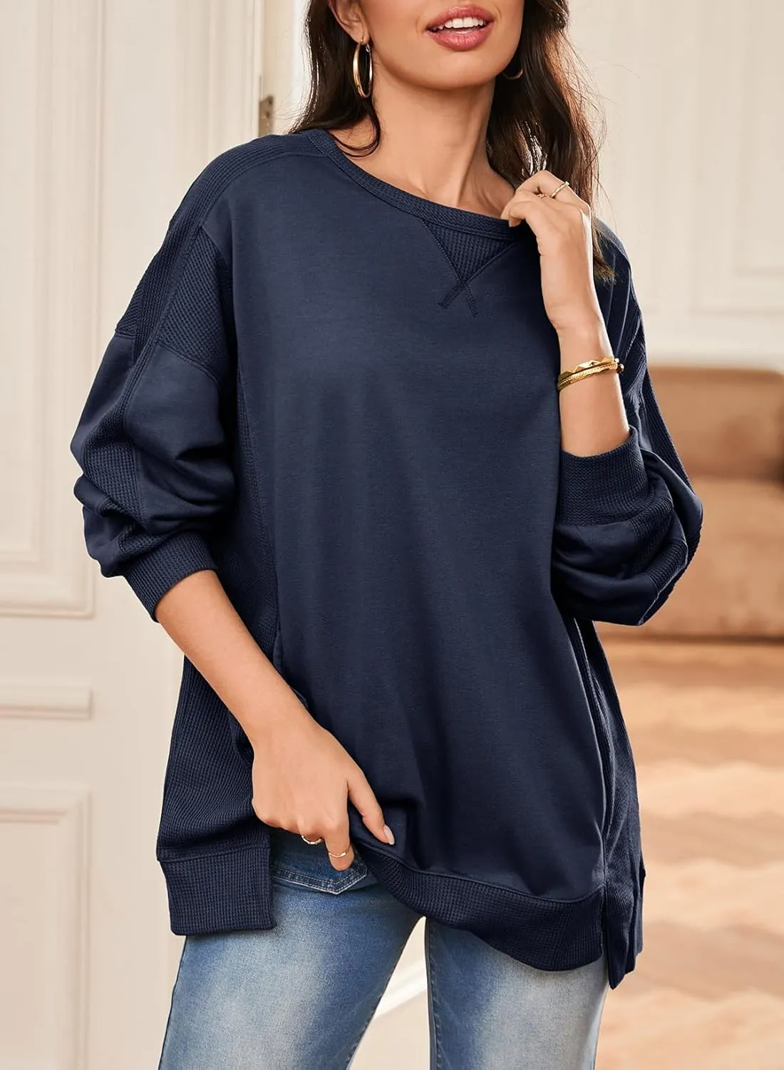 Dokotoo Oversized Sweatshirt for Women Casual Crewneck Long Sleeve Waffle Splicing Solid Pullover Sweatshirts Tops