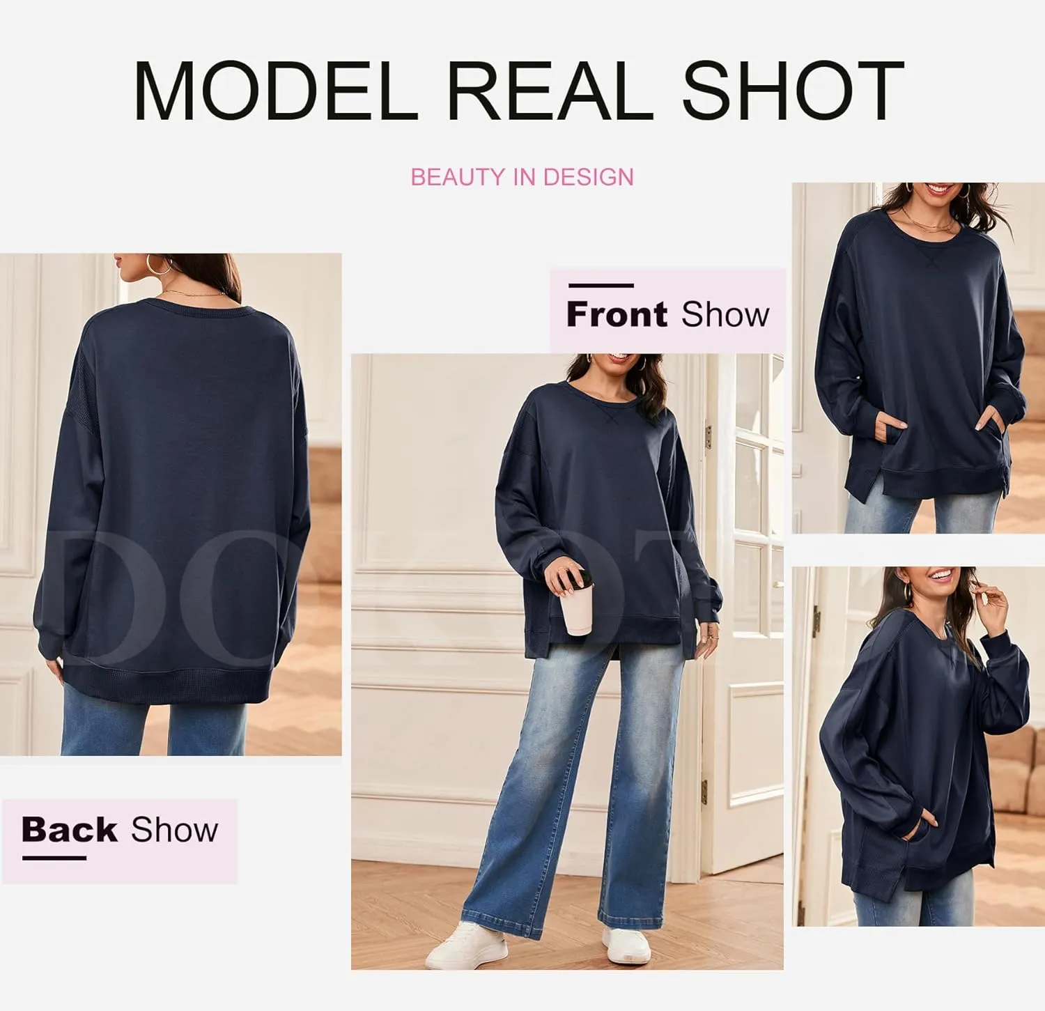 Dokotoo Oversized Sweatshirt for Women Casual Crewneck Long Sleeve Waffle Splicing Solid Pullover Sweatshirts Tops