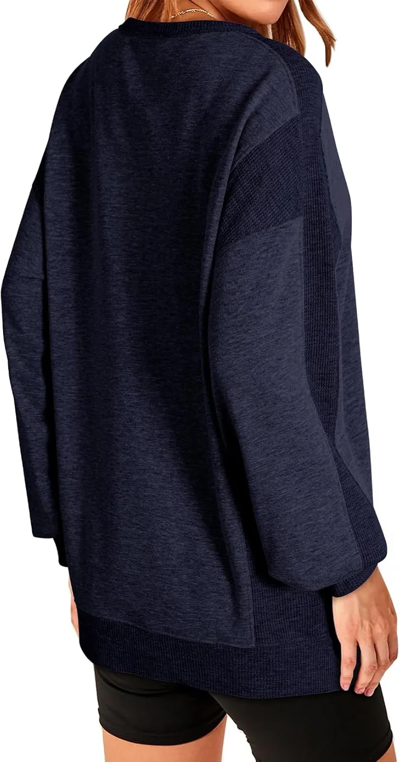 Dokotoo Oversized Sweatshirt for Women Casual Crewneck Long Sleeve Waffle Splicing Solid Pullover Sweatshirts Tops