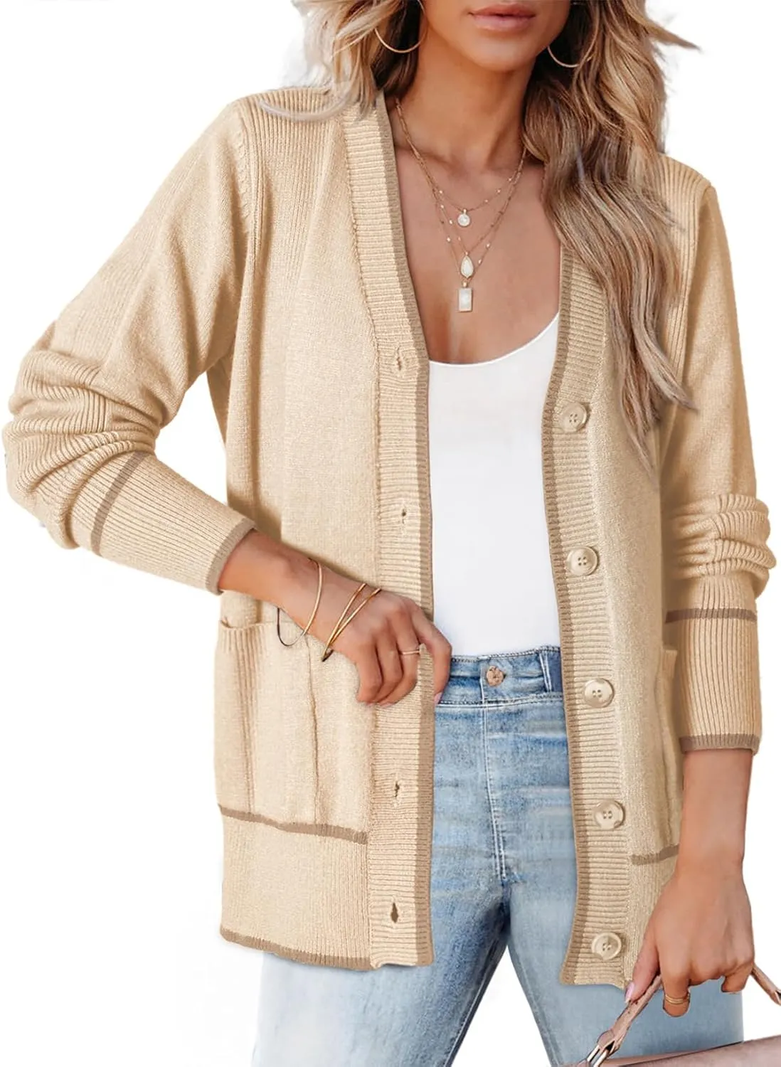 Dokotoo Short Cardigans for Women Color Blocked 2024 Fall Fashion Button Down Sweaters Winter Coats with Pockets