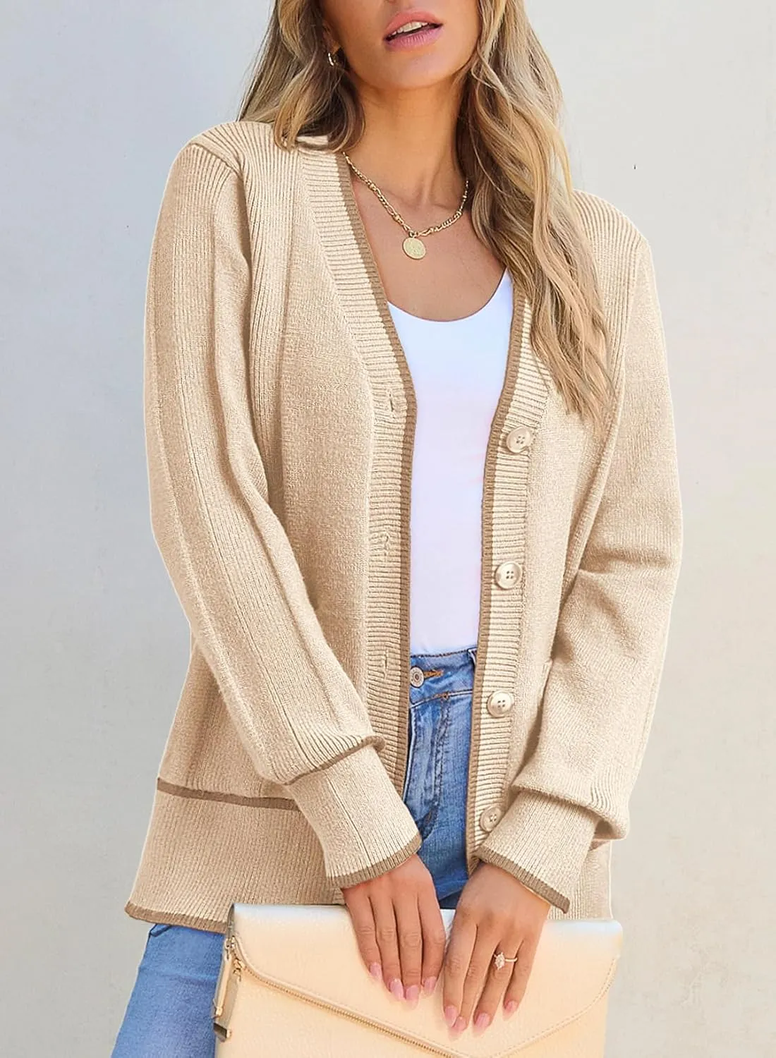 Dokotoo Short Cardigans for Women Color Blocked 2024 Fall Fashion Button Down Sweaters Winter Coats with Pockets