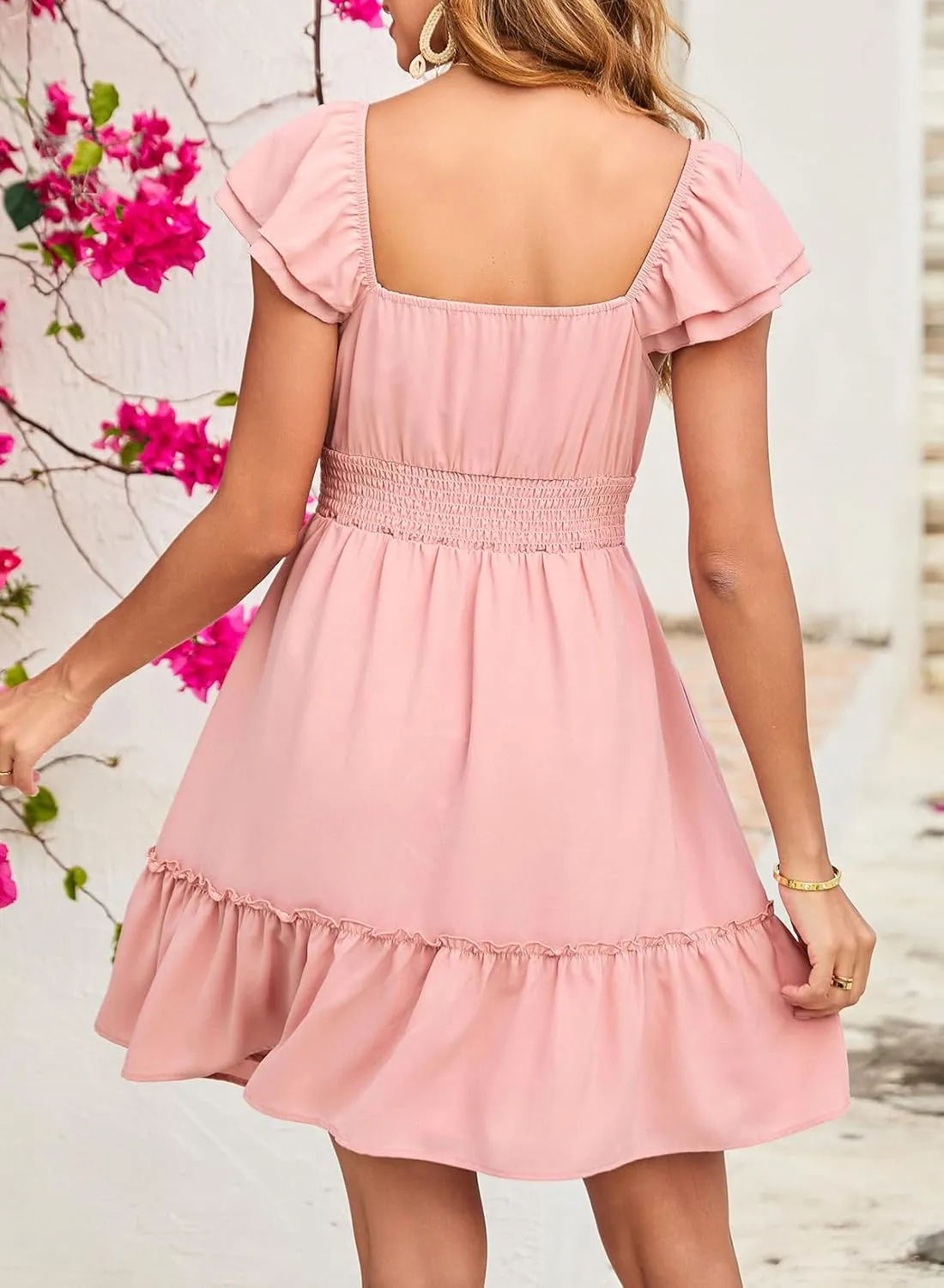 Dokotoo Womens Summer Dresses 2025 Ruffle Short Sleeve Shirred High Waist Tiered Smocked A-Line Casual Dress with Pocket