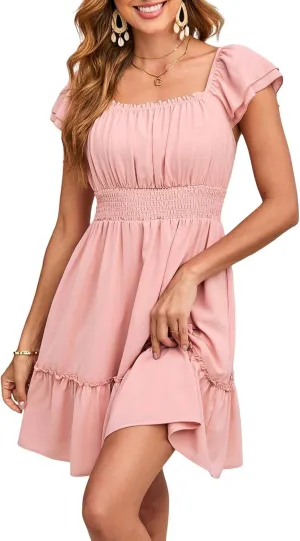 Dokotoo Womens Summer Dresses 2025 Ruffle Short Sleeve Shirred High Waist Tiered Smocked A-Line Casual Dress with Pocket