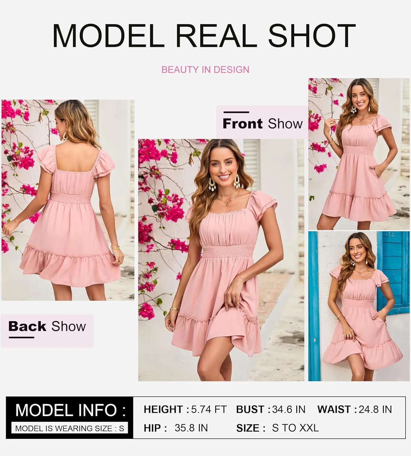Dokotoo Womens Summer Dresses 2025 Ruffle Short Sleeve Shirred High Waist Tiered Smocked A-Line Casual Dress with Pocket