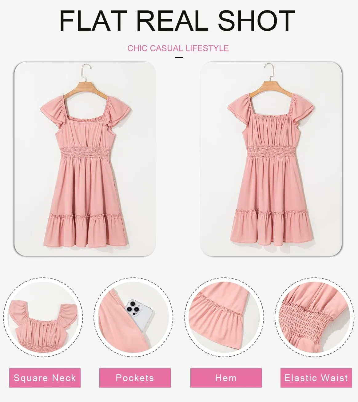 Dokotoo Womens Summer Dresses 2025 Ruffle Short Sleeve Shirred High Waist Tiered Smocked A-Line Casual Dress with Pocket