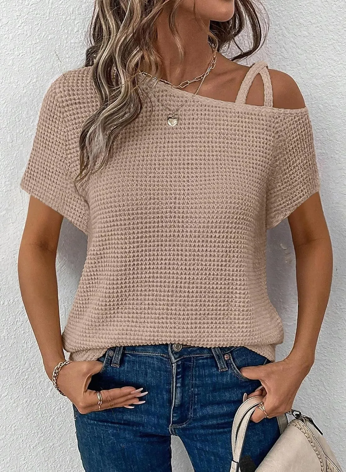 Dokotoo Womens Summer Tops Off One Shoulder Waffle Knit Short Sleeve T-Shirts Casual Lightweight Solid Color Blouses