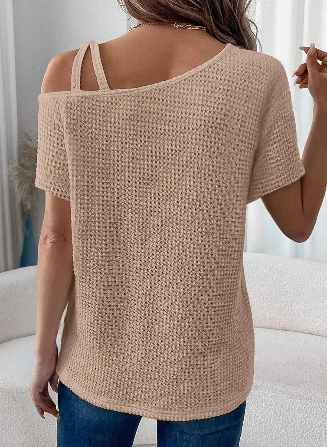 Dokotoo Womens Summer Tops Off One Shoulder Waffle Knit Short Sleeve T-Shirts Casual Lightweight Solid Color Blouses