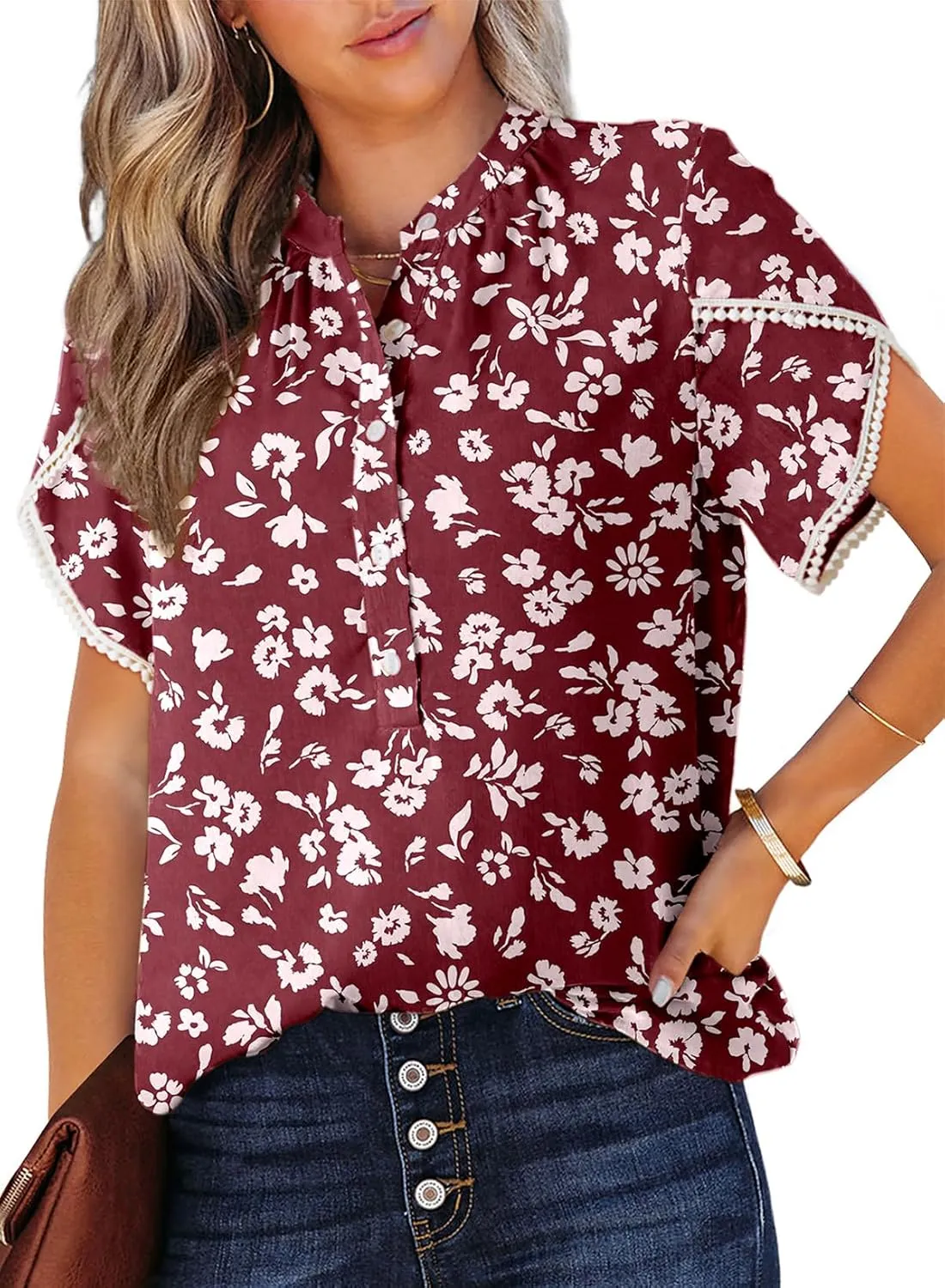 Dokotoo Womens Tops Summer Casual Boho Floral Print Short Sleeve Half Button Down V Neck Chiffon Blouses Shirts