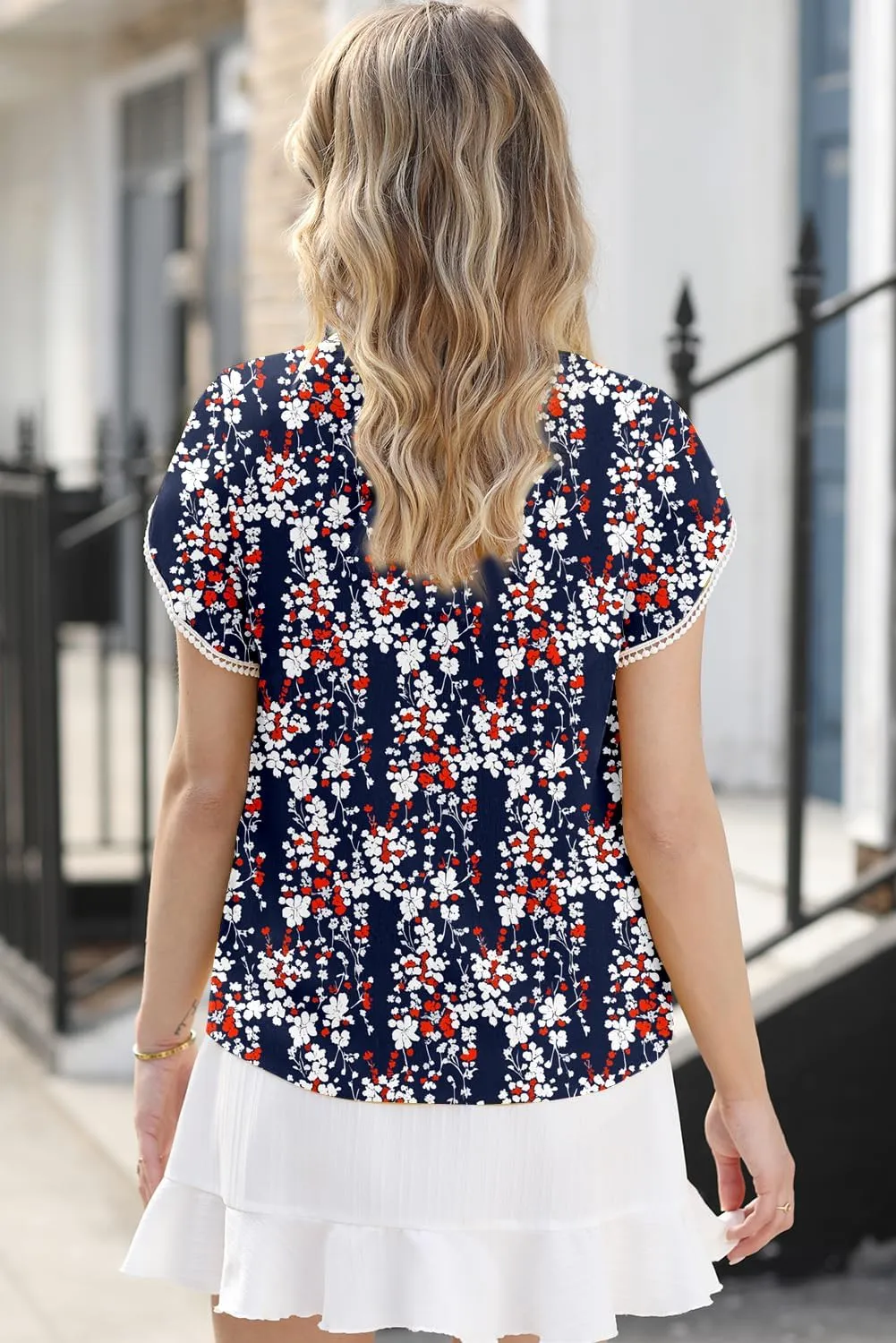 Dokotoo Womens Tops Summer Casual Boho Floral Print Short Sleeve Half Button Down V Neck Chiffon Blouses Shirts