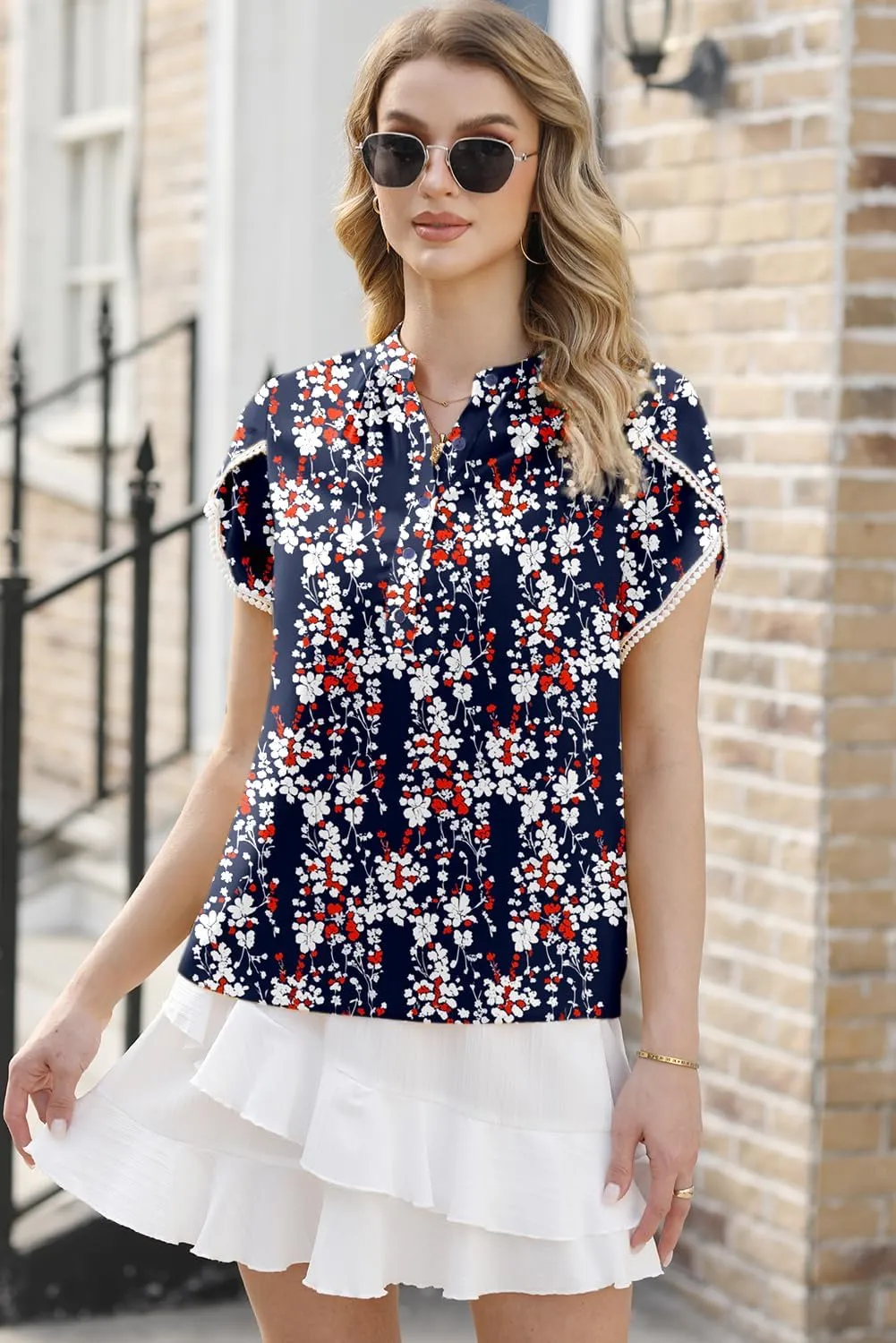 Dokotoo Womens Tops Summer Casual Boho Floral Print Short Sleeve Half Button Down V Neck Chiffon Blouses Shirts