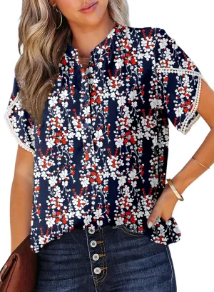 Dokotoo Womens Tops Summer Casual Boho Floral Print Short Sleeve Half Button Down V Neck Chiffon Blouses Shirts