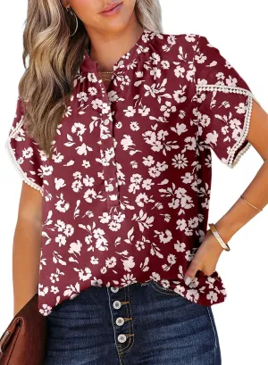 Dokotoo Womens Tops Summer Casual Boho Floral Print Short Sleeve Half Button Down V Neck Chiffon Blouses Shirts