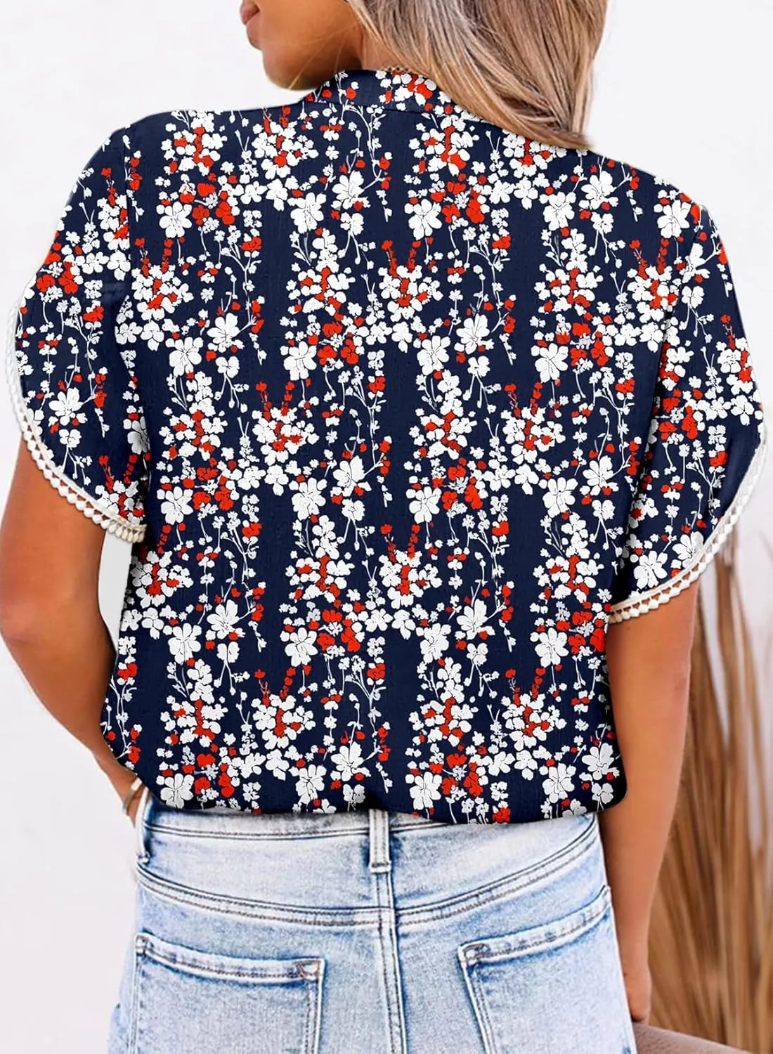 Dokotoo Womens Tops Summer Casual Boho Floral Print Short Sleeve Half Button Down V Neck Chiffon Blouses Shirts