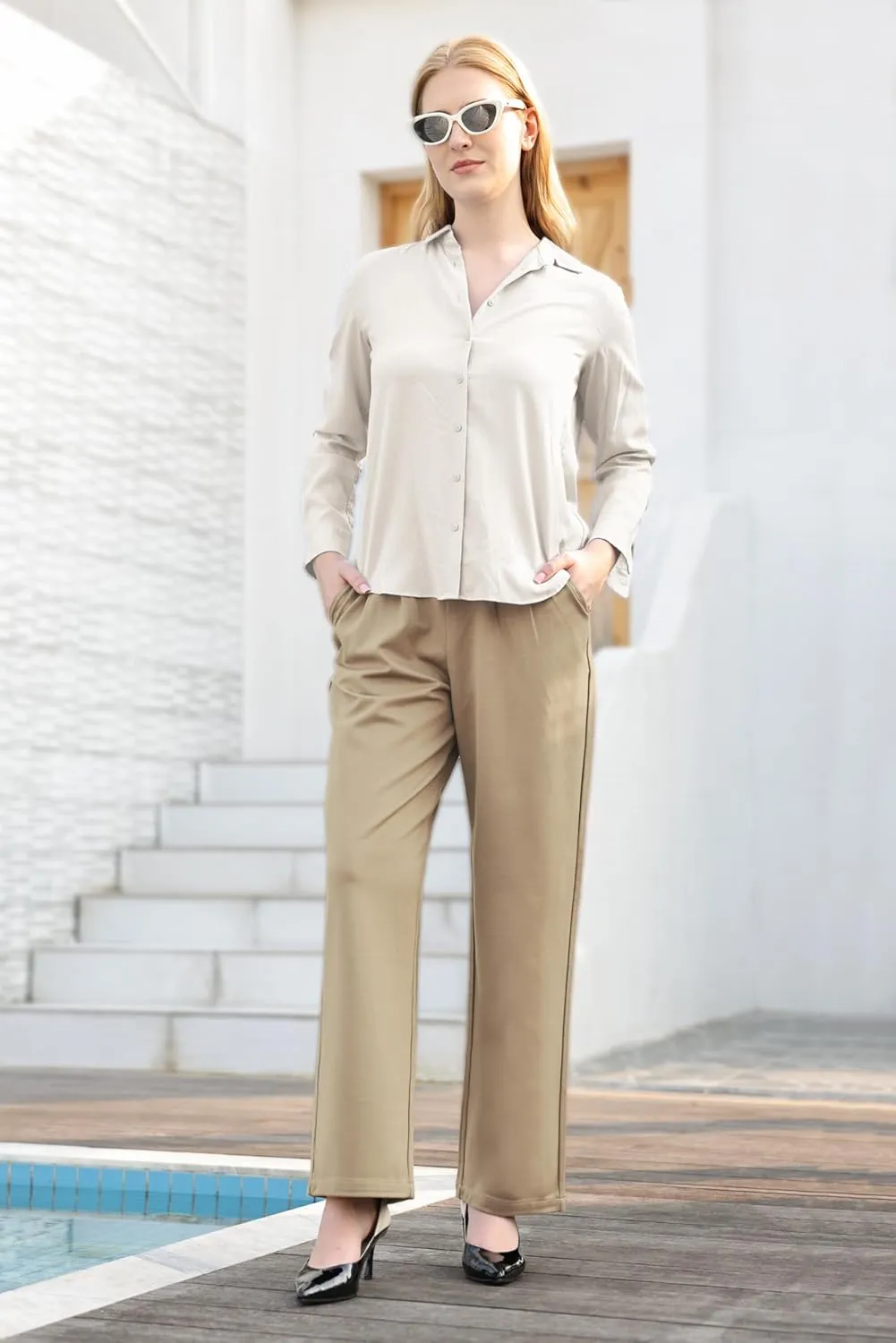 Dress Pants Women Straight Leg Work Business Office High Elastic Waisted Casual Slacks Trousers 29" with Pockets