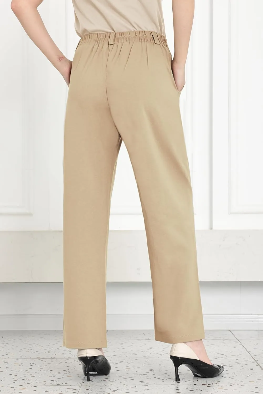 Dress Pants Women Straight Leg Work Business Office High Elastic Waisted Casual Slacks Trousers 29" with Pockets