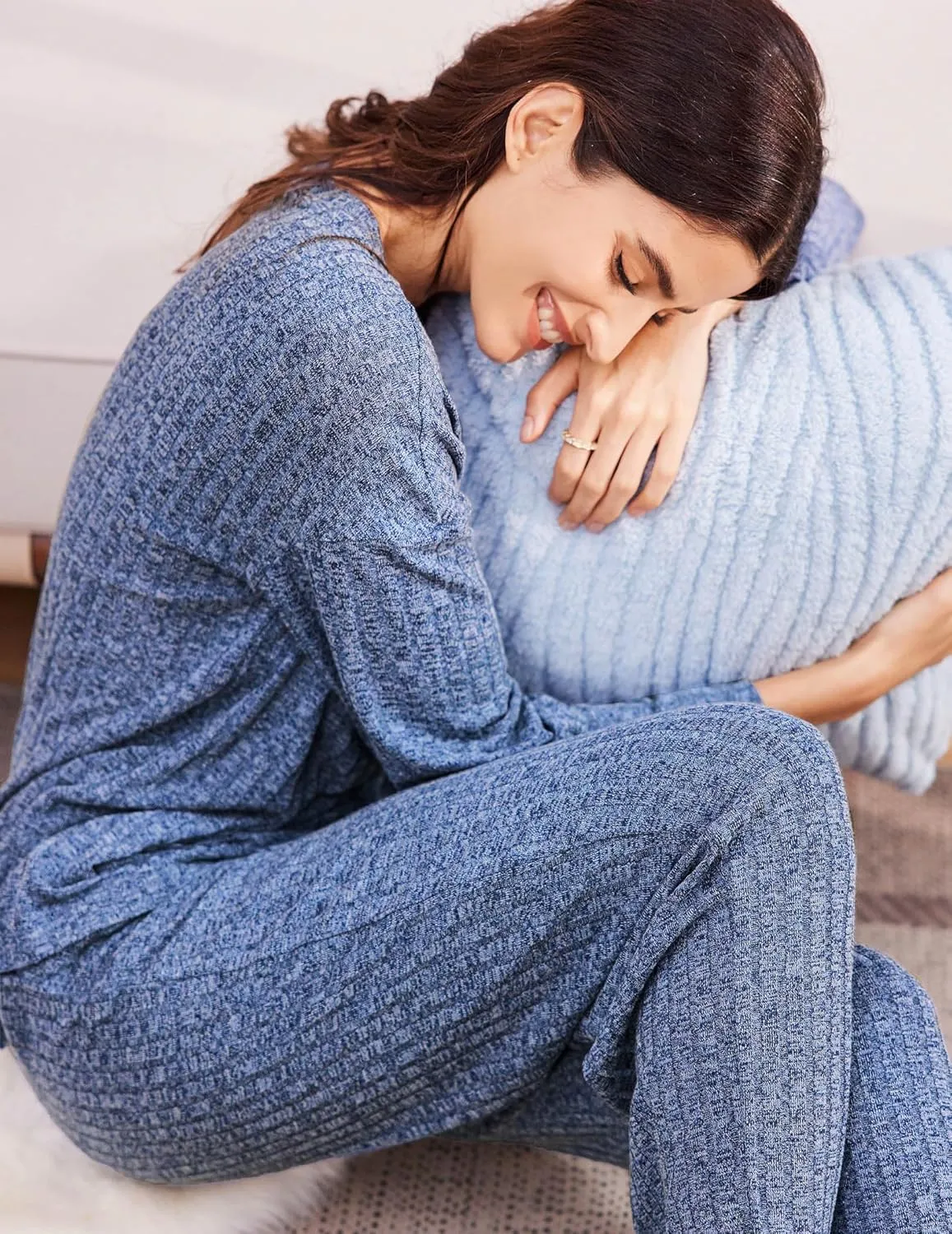 Ekouaer Womens Ribbed Knit Lounge Set Long Sleeve Henley Neck Top and Long Pants Two Piece Soft Sleepwear with Pockets