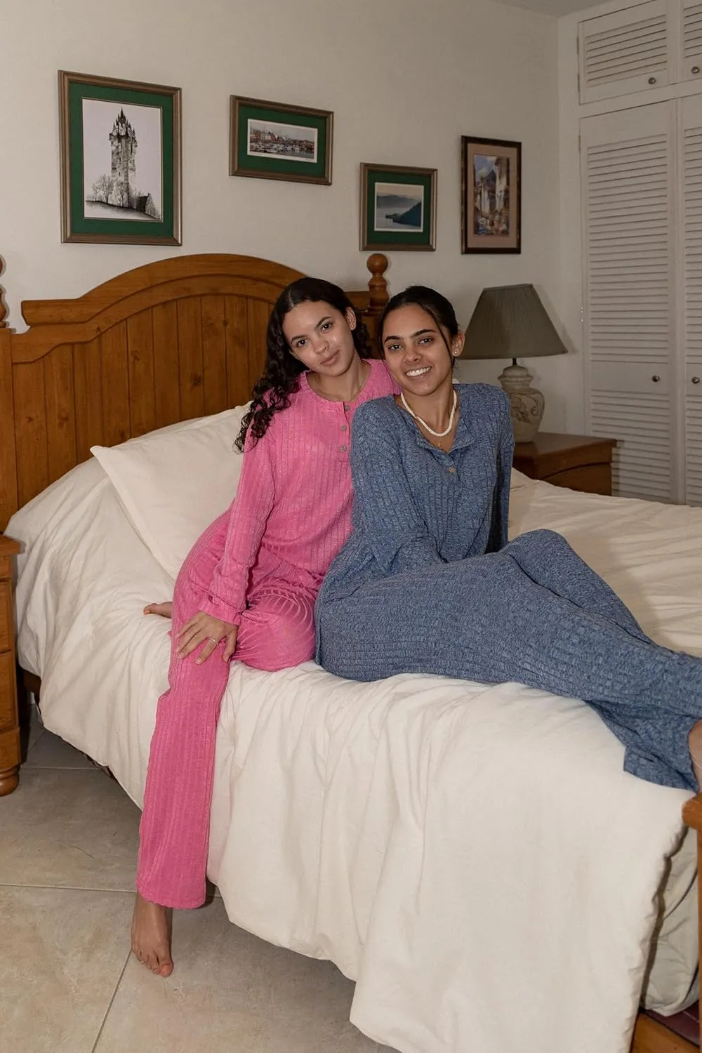 Ekouaer Womens Ribbed Knit Lounge Set Long Sleeve Henley Neck Top and Long Pants Two Piece Soft Sleepwear with Pockets
