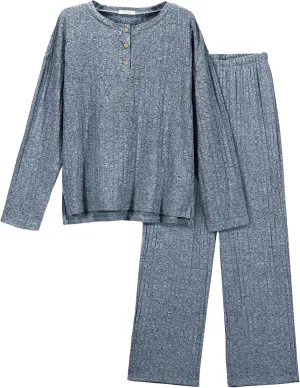 Ekouaer Womens Ribbed Knit Lounge Set Long Sleeve Henley Neck Top and Long Pants Two Piece Soft Sleepwear with Pockets