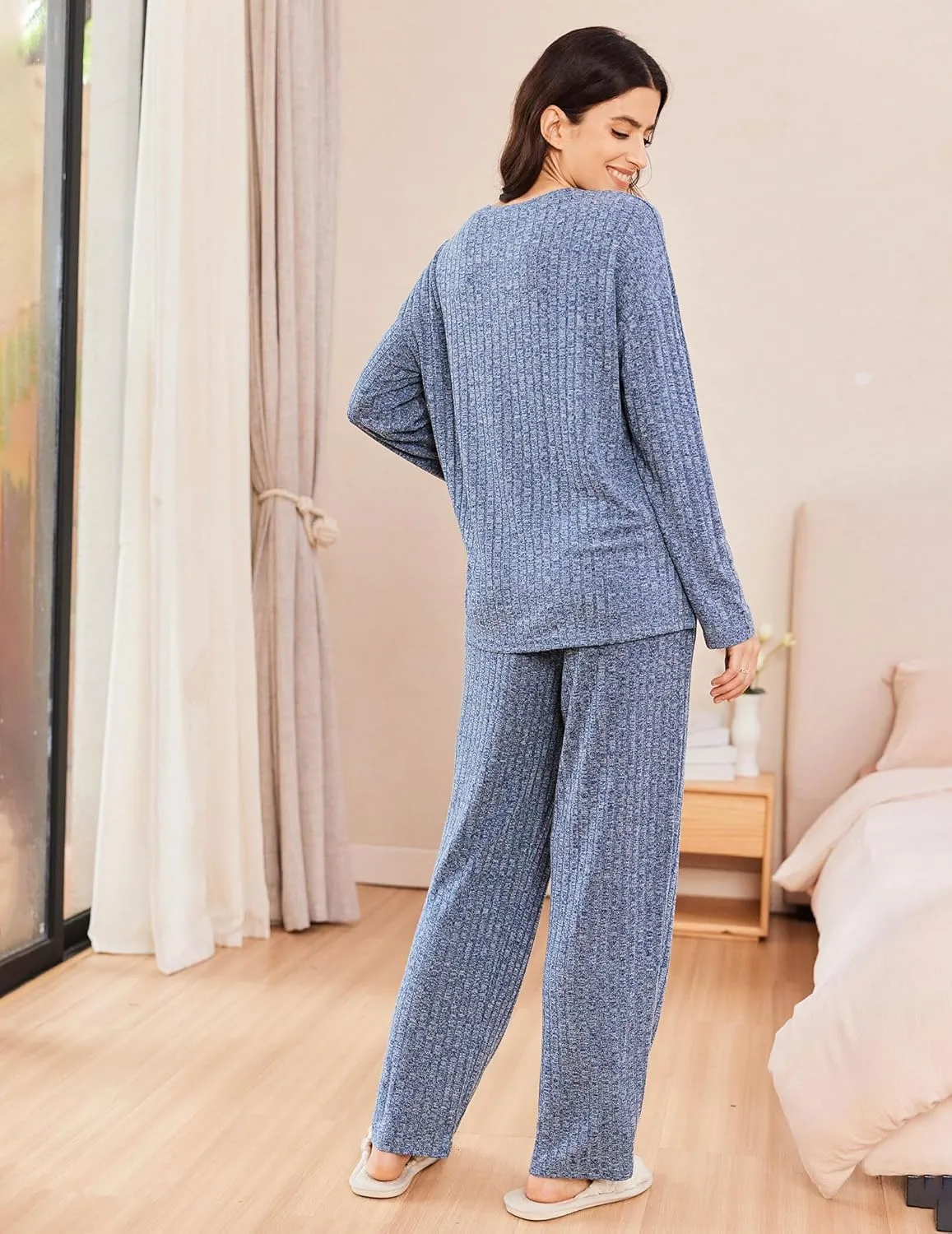 Ekouaer Womens Ribbed Knit Lounge Set Long Sleeve Henley Neck Top and Long Pants Two Piece Soft Sleepwear with Pockets