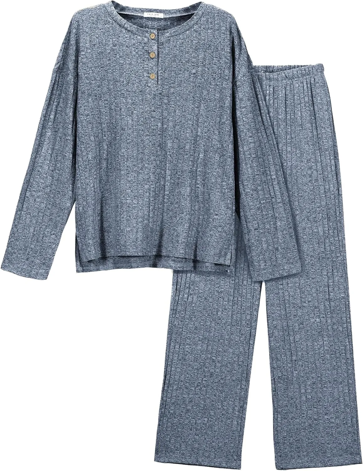 Ekouaer Womens Ribbed Knit Lounge Set Long Sleeve Henley Neck Top and Long Pants Two Piece Soft Sleepwear with Pockets