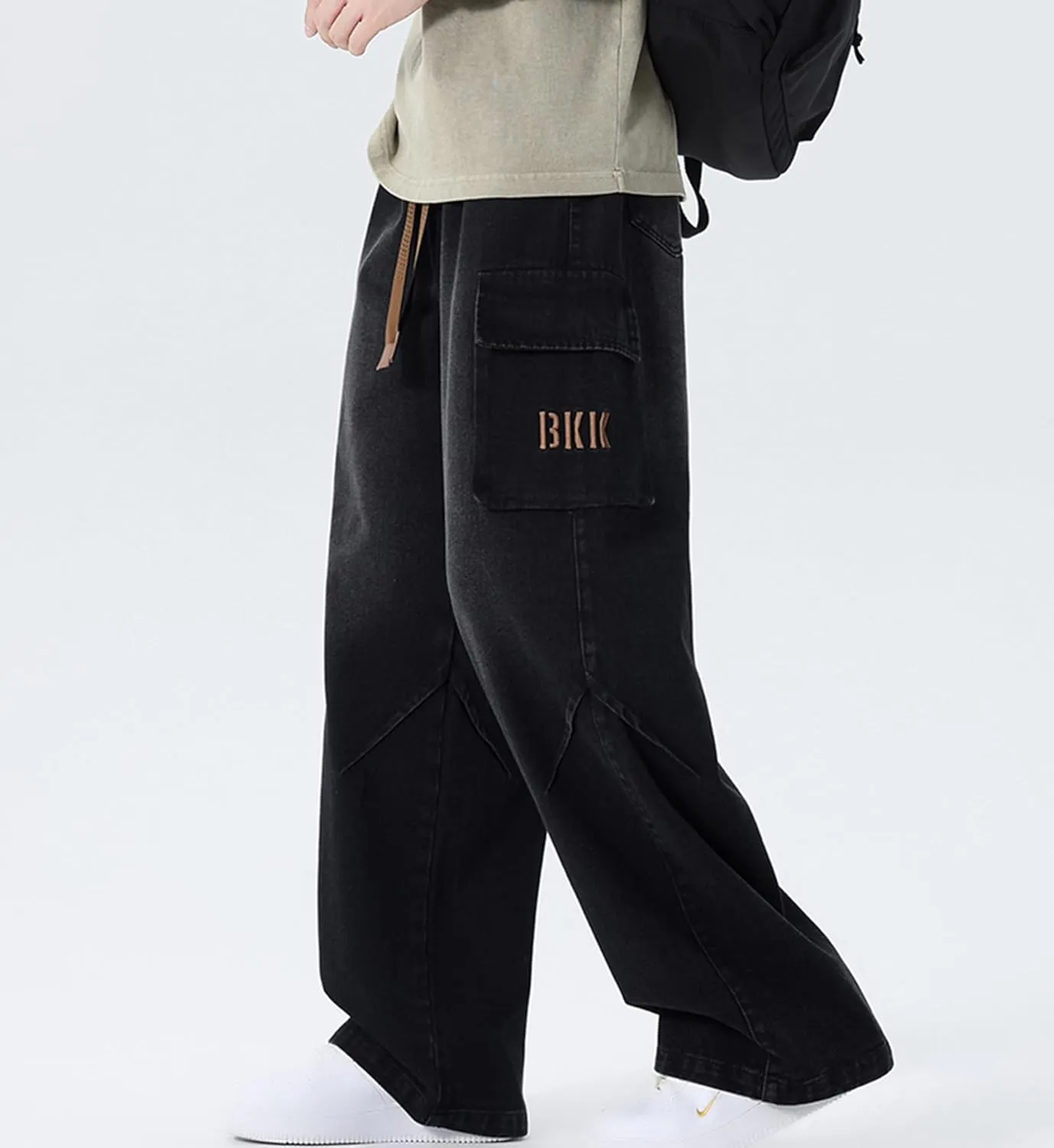 Elastic Waist Jeans for Men Loose Fit Drawstring Straight Leg Casual Denim Cargo Pants Trousers