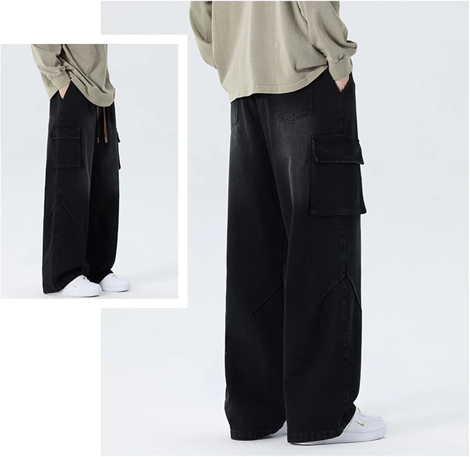 Elastic Waist Jeans for Men Loose Fit Drawstring Straight Leg Casual Denim Cargo Pants Trousers
