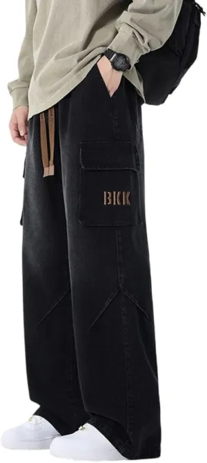 Elastic Waist Jeans for Men Loose Fit Drawstring Straight Leg Casual Denim Cargo Pants Trousers