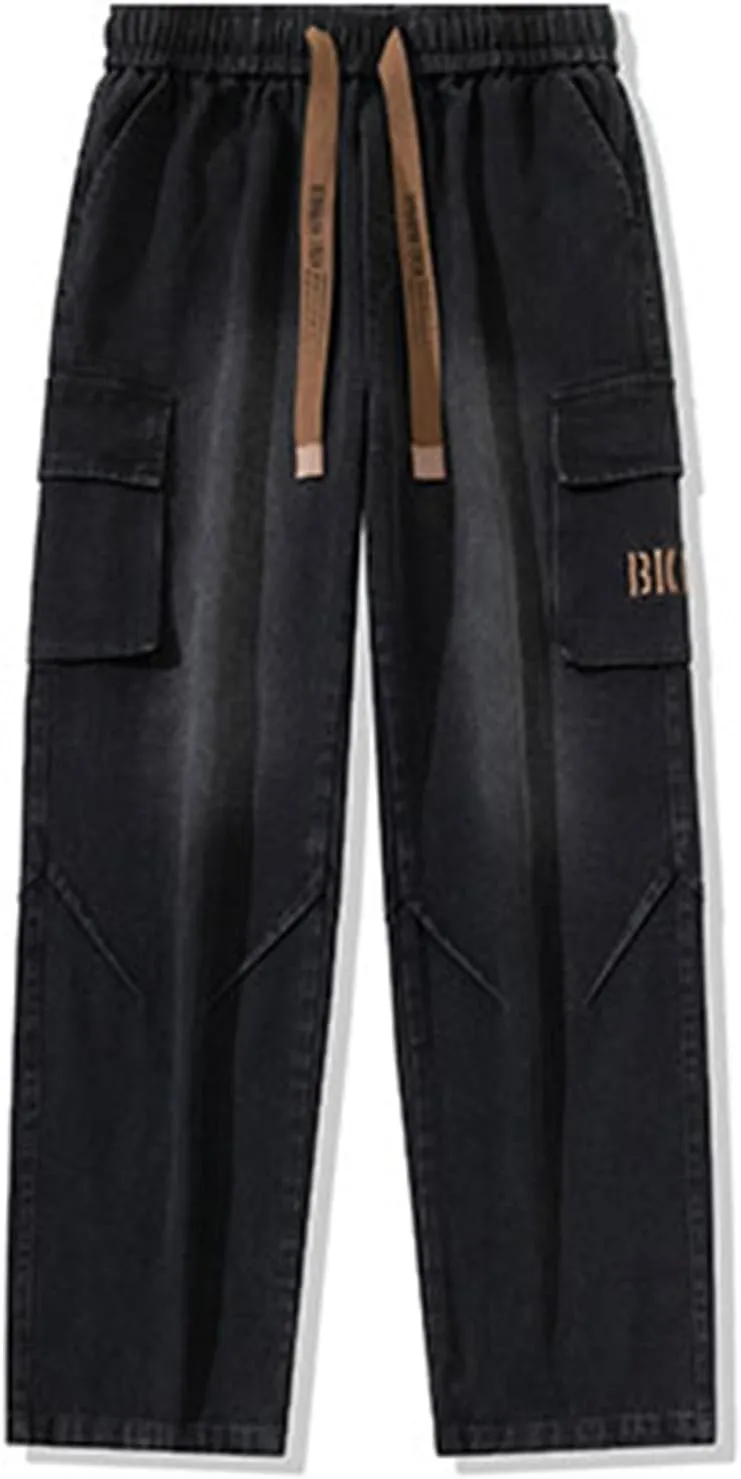 Elastic Waist Jeans for Men Loose Fit Drawstring Straight Leg Casual Denim Cargo Pants Trousers