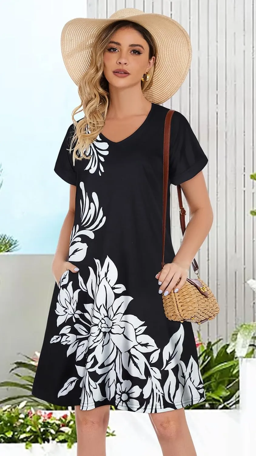 elescat Summer Dresses for Women V Neck Short Sleeve Flowy Tshirt Dress Casual Loose Sundress with Pockets