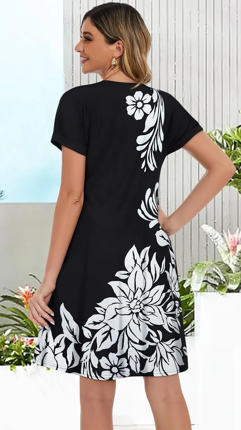 elescat Summer Dresses for Women V Neck Short Sleeve Flowy Tshirt Dress Casual Loose Sundress with Pockets