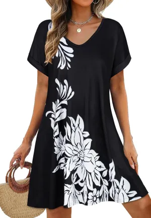 elescat Summer Dresses for Women V Neck Short Sleeve Flowy Tshirt Dress Casual Loose Sundress with Pockets